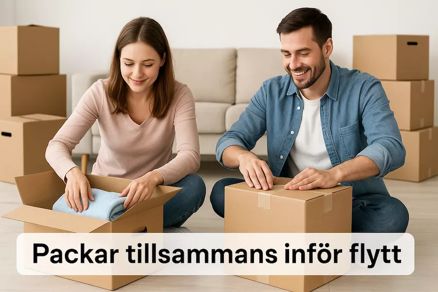 Par som packar tillsammans inför flytt med flyttlådor omkring sig